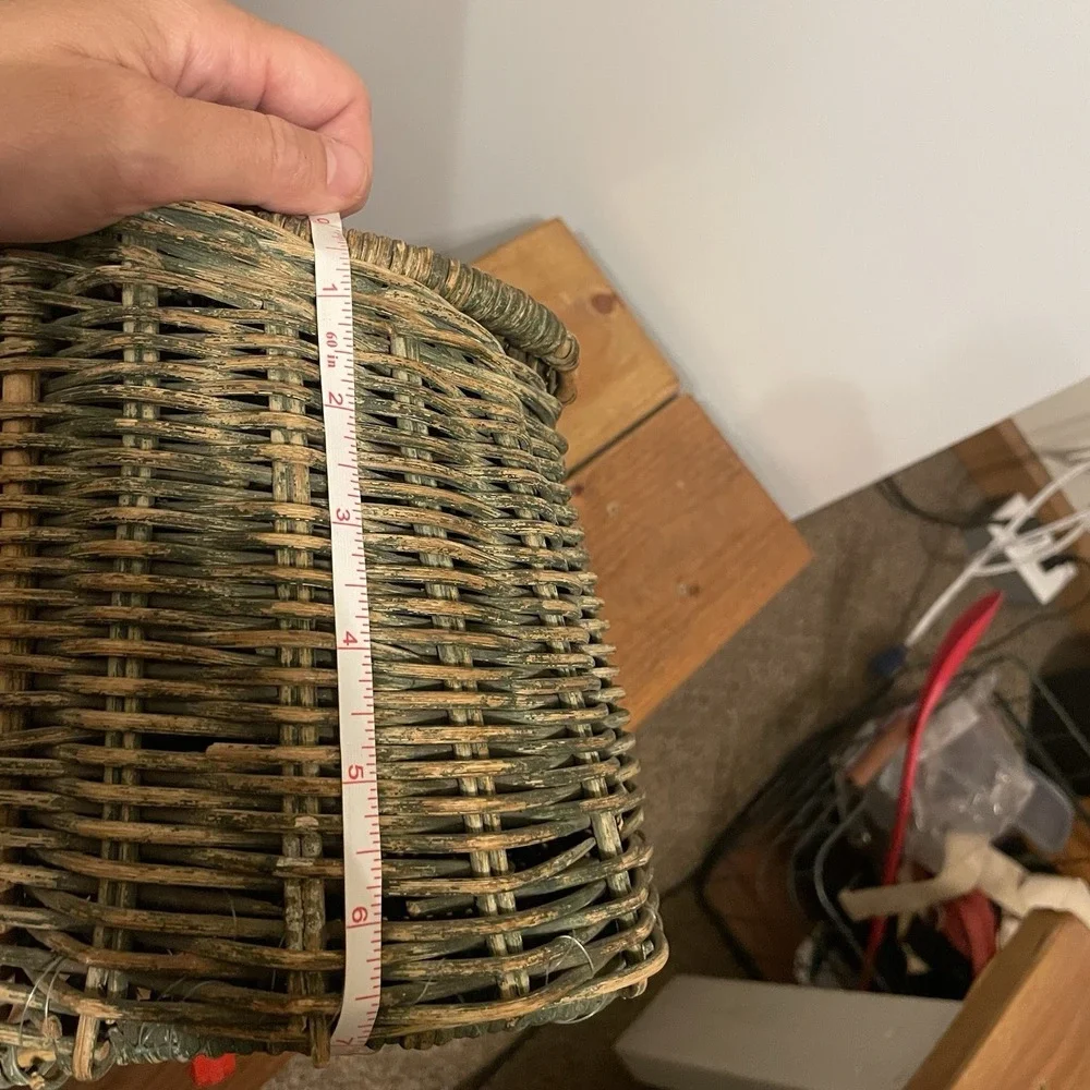 Vintage Green Fishing Creel Large Basket With Native Bead Style Leather Strap